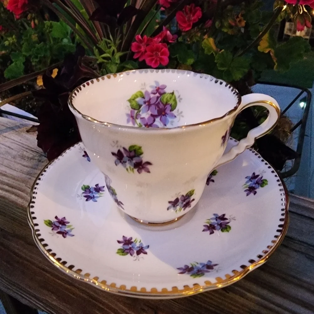 Sweet Violets Tea Cup & Saucer Royal Stafford Bone China England White Purple